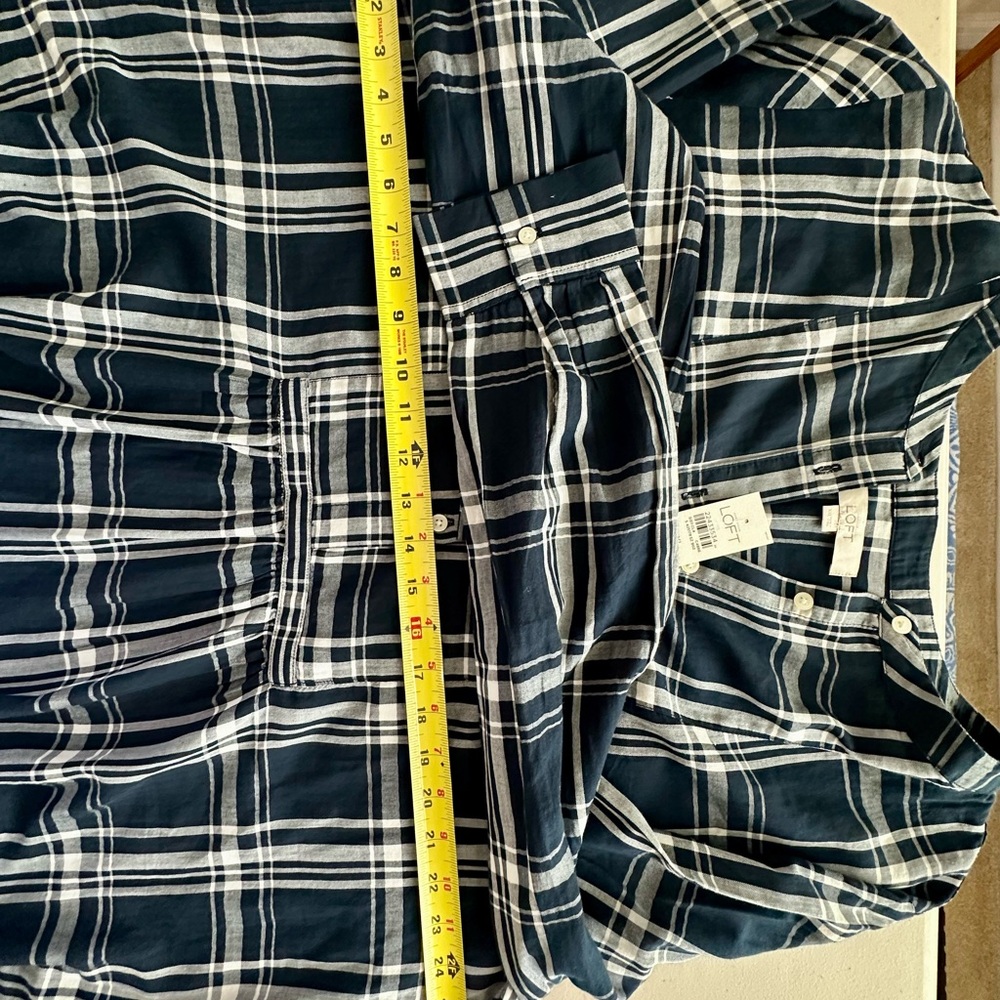 LOFT Navy Plaid Button Down Shirt 100% cotton. - Picture 7 of 11